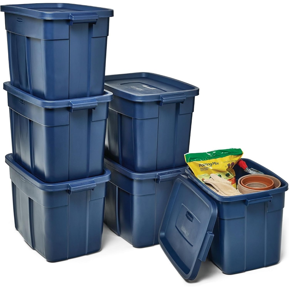 image:imageRubbermaid Roughneck Tote 50 Gal 2 Pack Made in USA Dark Indigo Metallic Rugged Plastic Stackable Storage Bins with Lids and Handles18 Gal 6 Pack