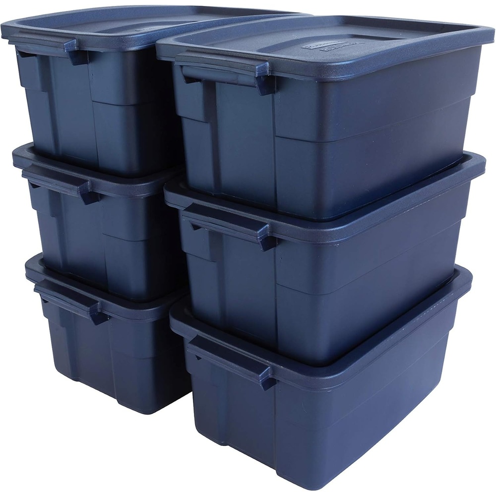 image:imageRubbermaid Roughneck Tote 50 Gal 2 Pack Made in USA Dark Indigo Metallic Rugged Plastic Stackable Storage Bins with Lids and Handles3 Gal  6 Pack