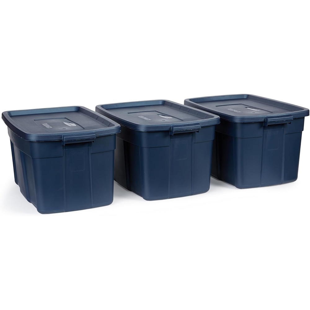image:imageRubbermaid Roughneck Tote 50 Gal 2 Pack Made in USA Dark Indigo Metallic Rugged Plastic Stackable Storage Bins with Lids and Handles31 Gal 3 Pack