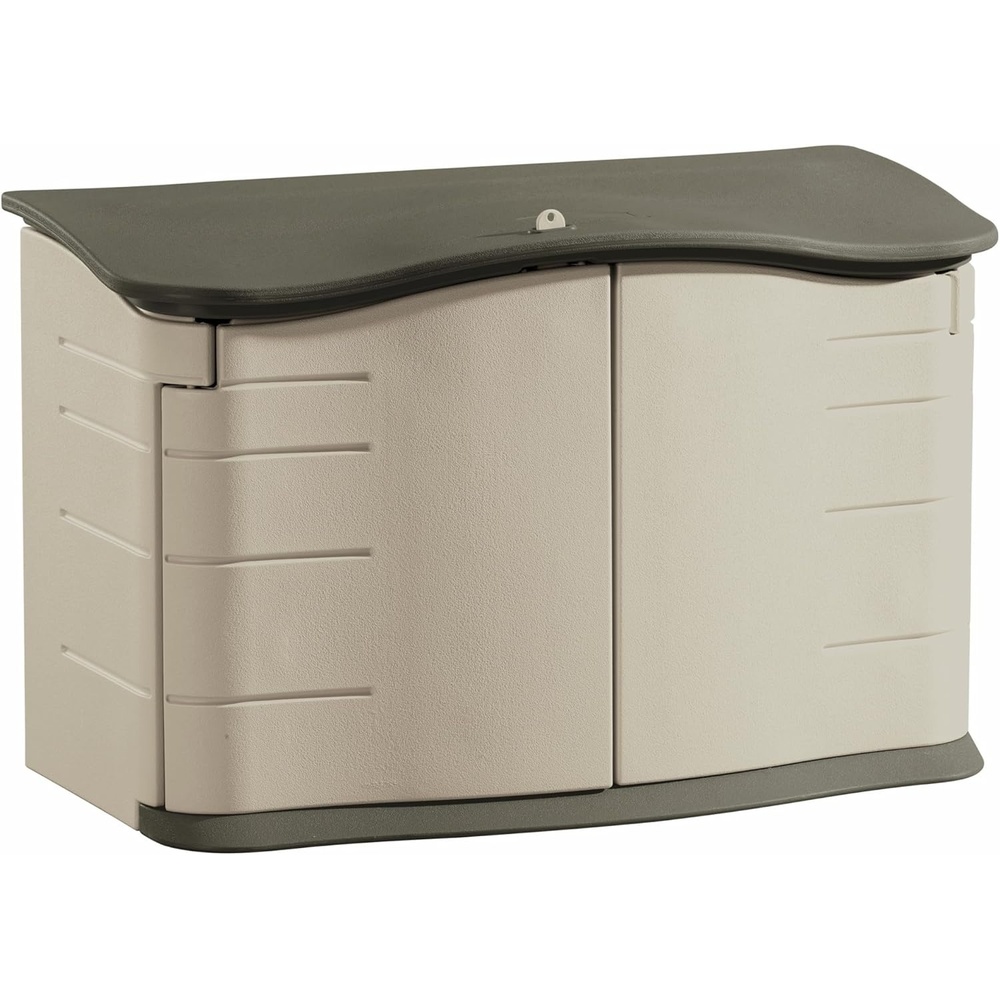 image:imageRubbermaid Small Horizontal Resin Outdoor Storage Shed With Floor 45 x 3 Ft Weather Resistant BeigeBrown Organization for HomeBackyardPool ChemicalsToysGarden ToolsPorchPatio CushionsSmall Horizontal Shed