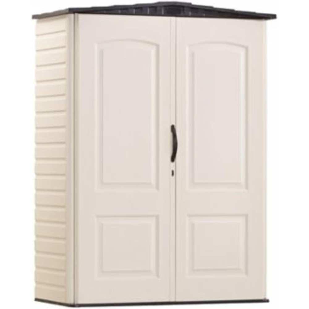 image:imageRubbermaid Small Vertical Resin Outdoor Storage Shed With Floor 23 x 46 Ft Weather Resistant BeigeBrown Organization for HomeBackyardPool ChemicalsToysGarden ToolsPorchPatio CushionsBiege