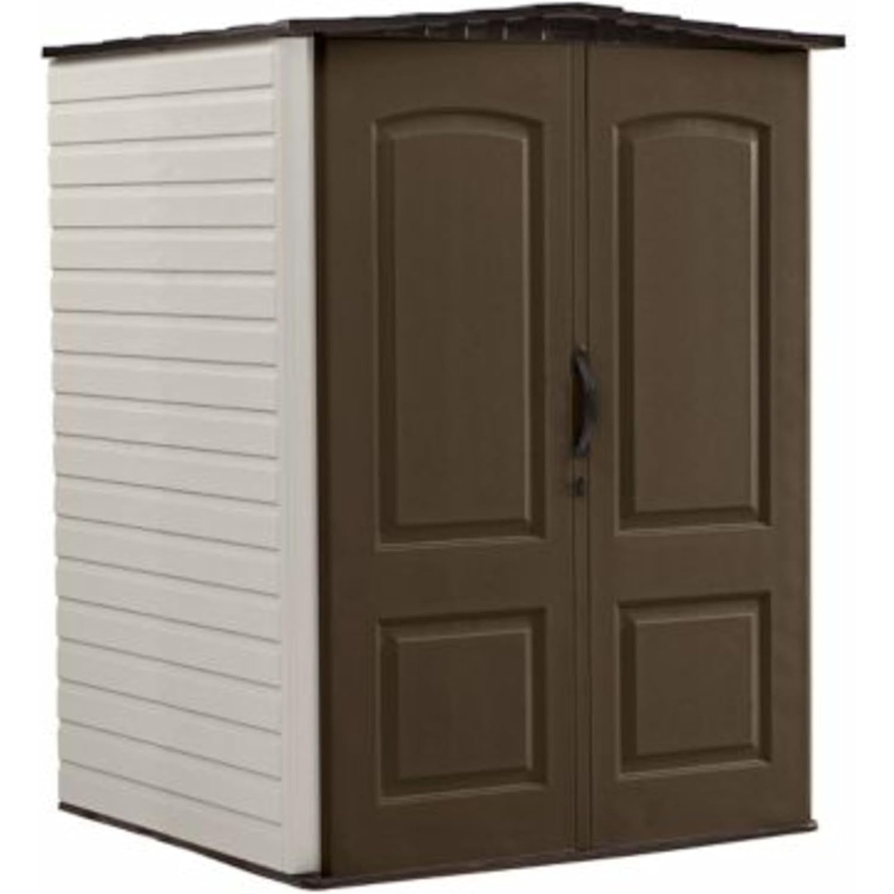 image:imageRubbermaid Small Vertical Resin Outdoor Storage Shed With Floor 23 x 46 Ft Weather Resistant BeigeBrown Organization for HomeBackyardPool ChemicalsToysGarden ToolsPorchPatio CushionsBrown