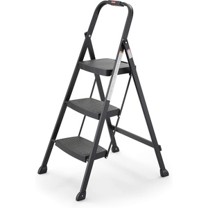 Rubbermaid 3-Step Steel Ladder, Folding Step Stool with Hand Grip and Non-Slip Feet, Black, Tested to ANSI US Safety Standards, No Assembly Required(Black Finish)