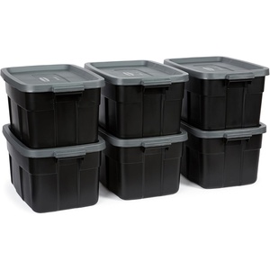 Rubbermaid 6-Pack Heavy Duty Durable 3 GAL Totes for Storage with Snap Lids and Handles, Plastic Storage Bins Stackable Black Gray for Home and Garage (3 GAL – 6 Pack Solid Black and Grey)(14 Gal – 6 Pack)