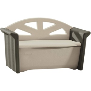 Rubbermaid Resin Outdoor Storage Bench (32 Gal), Weather Resistant, Brown/Grey, Deck Organization for Home/Backyard/Pool Chemicals/Toys/Garden Tools/Porch/Patio Cushions