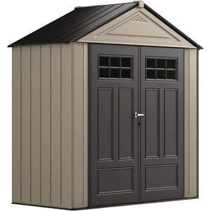 Rubbermaid Resin Outdoor Storage Shed With Floor (7 x 3.5 Ft.) Weather Resistant Brown/Grey Organization for Home/Lawn Mower/Backyard Equipment/Bike Storage/Pool Supplies(Light Brown)