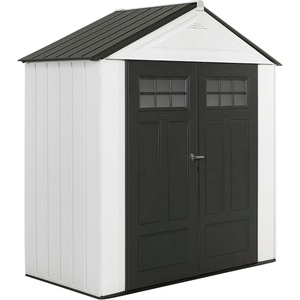 Rubbermaid Resin Outdoor Storage Shed With Floor (7 x 3.5 Ft.) Weather Resistant Brown/Grey Organization for Home/Lawn Mower/Backyard Equipment/Bike Storage/Pool Supplies(Winter Fog)
