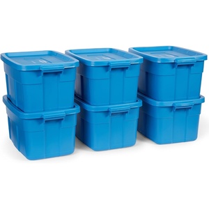 Rubbermaid Roughneck Tote 10 Gal, 6 Pack, Made in USA, Heritage Blue, Rugged Plastic Stackable Storage Bins with Lids and Handles(14 Gal – 6 Pack)