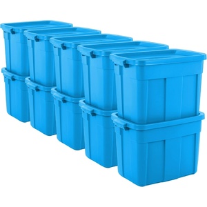 Rubbermaid Roughneck Tote 10 Gal, 6 Pack, Made in USA, Heritage Blue, Rugged Plastic Stackable Storage Bins with Lids and Handles(18 Gal – 10 Pack)