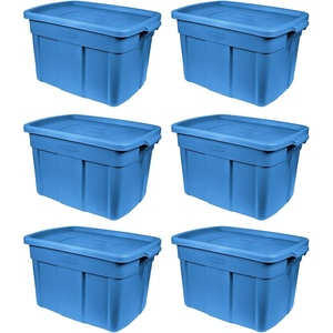 Rubbermaid Roughneck Tote 10 Gal, 6 Pack, Made in USA, Heritage Blue, Rugged Plastic Stackable Storage Bins with Lids and Handles(18 Gal – 6 Pack)