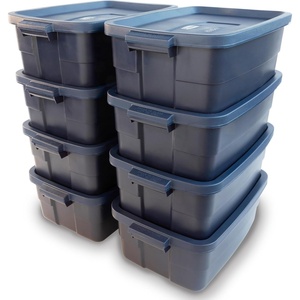 Rubbermaid Roughneck Tote 50 Gal, 2 Pack, Made in USA, Dark Indigo Metallic, Rugged Plastic Stackable Storage Bins with Lids and Handles(10 Gal – 8 Pack)