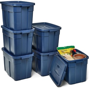 Rubbermaid Roughneck Tote 50 Gal, 2 Pack, Made in USA, Dark Indigo Metallic, Rugged Plastic Stackable Storage Bins with Lids and Handles(18 Gal – 6 Pack)