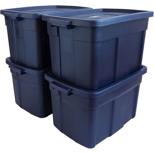 Rubbermaid Roughneck Tote 50 Gal, 2 Pack, Made in USA, Dark Indigo Metallic, Rugged Plastic Stackable Storage Bins with Lids and Handles(25 Gal – 4 Pack)