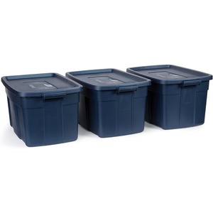 Rubbermaid Roughneck Tote 50 Gal, 2 Pack, Made in USA, Dark Indigo Metallic, Rugged Plastic Stackable Storage Bins with Lids and Handles(31 Gal – 3 Pack)