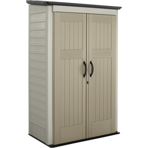 Rubbermaid Vertical Resin Outdoor Storage Shed With Floor (4 x 2.5 Ft) Weather Resistant Brown Organization for Home/Backyard/Garden Tools/Porch/Patio Cushions/Pool Chemicals/Toys(Beige)