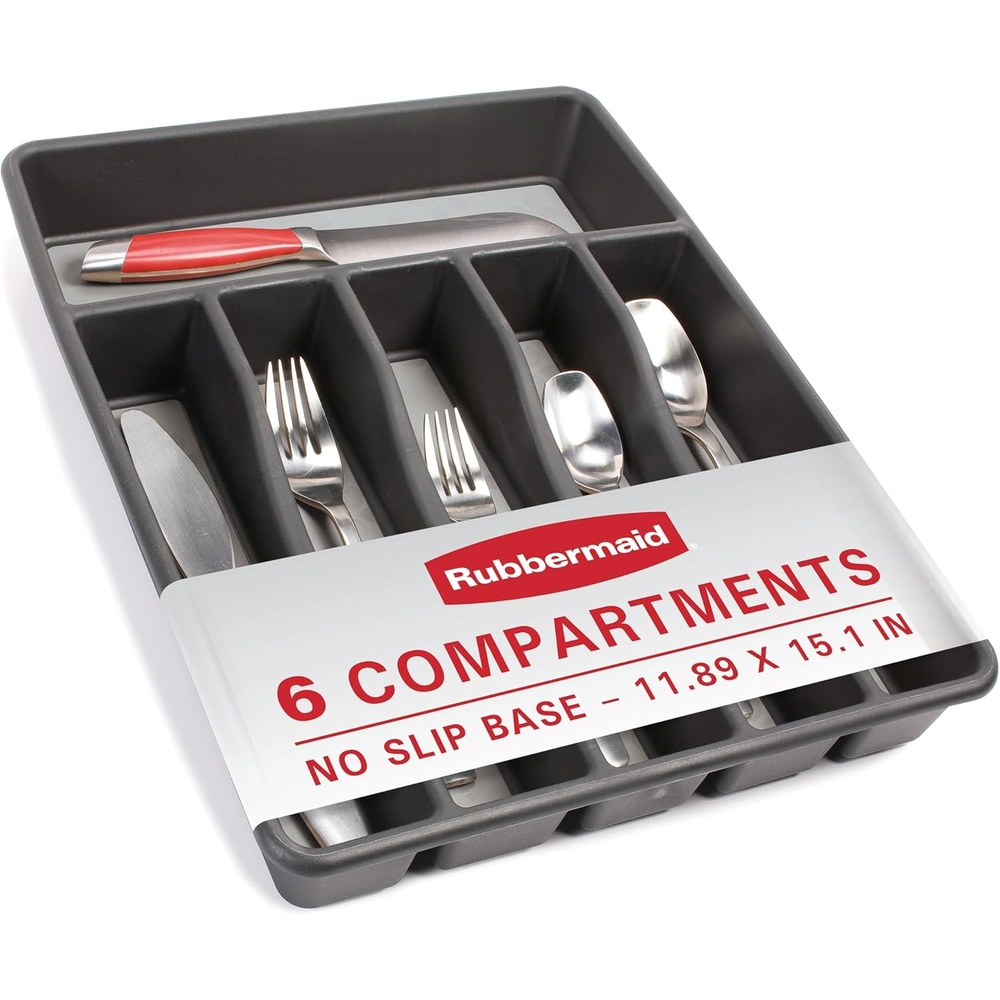 image:imageRubbermaid NoSlip Silverware Tray Organizer Large Black with Grey 7 Compartments Durable PlasticBlack